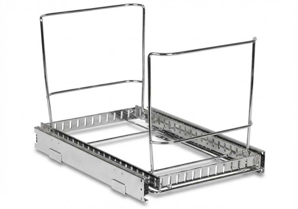 HOLDN’ STORAGE pull-out trash organizer with chrome frame hides waste for a cleaner kitchen