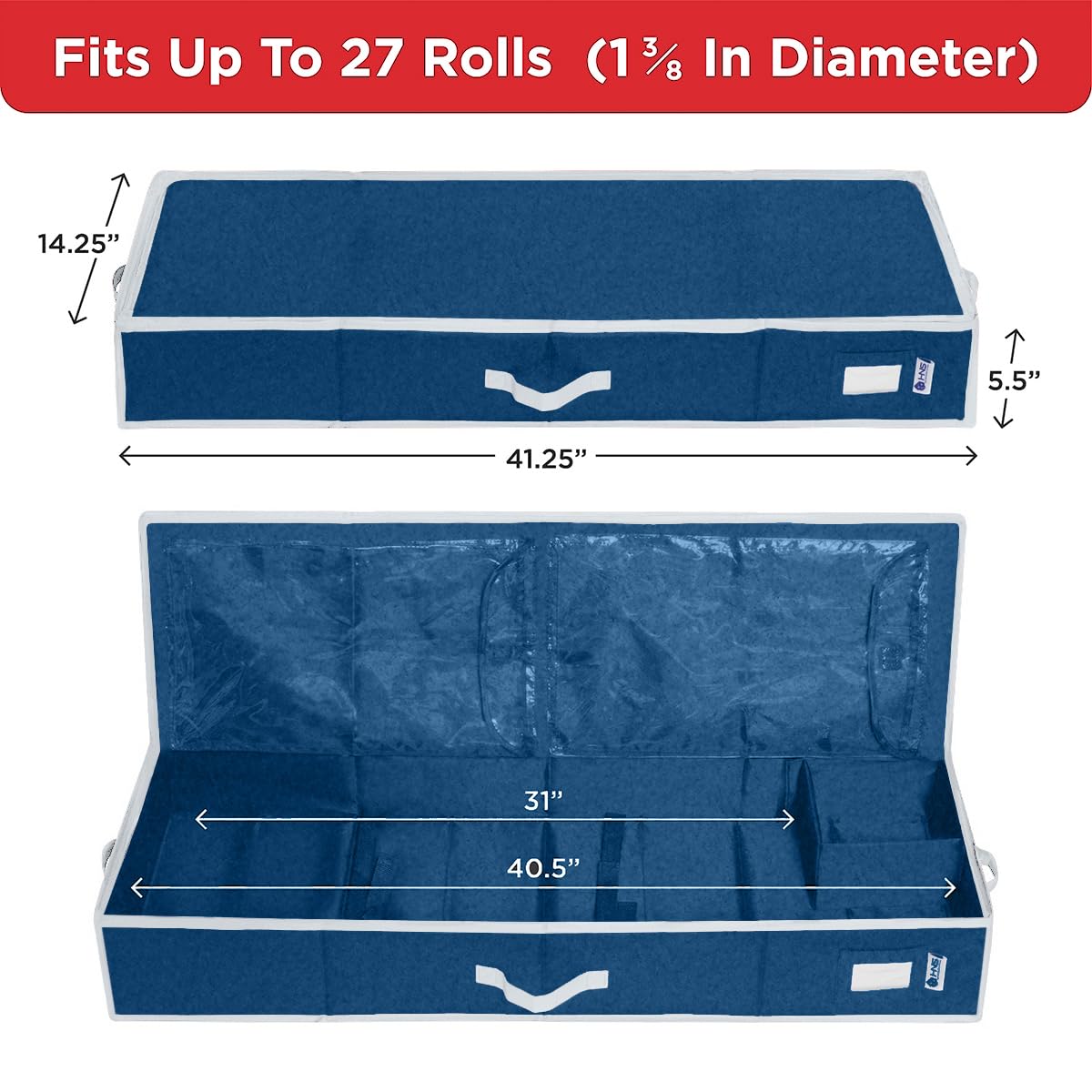 HOLDN’ STORAGE wrap roll capacity 27 rolls for holiday prep and gifting.