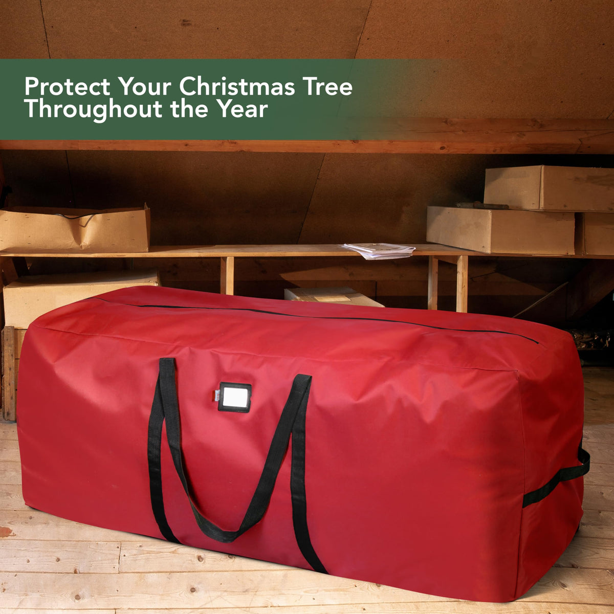 Holiday Cheer red storage bag with elegant design adds festive touch while stored.