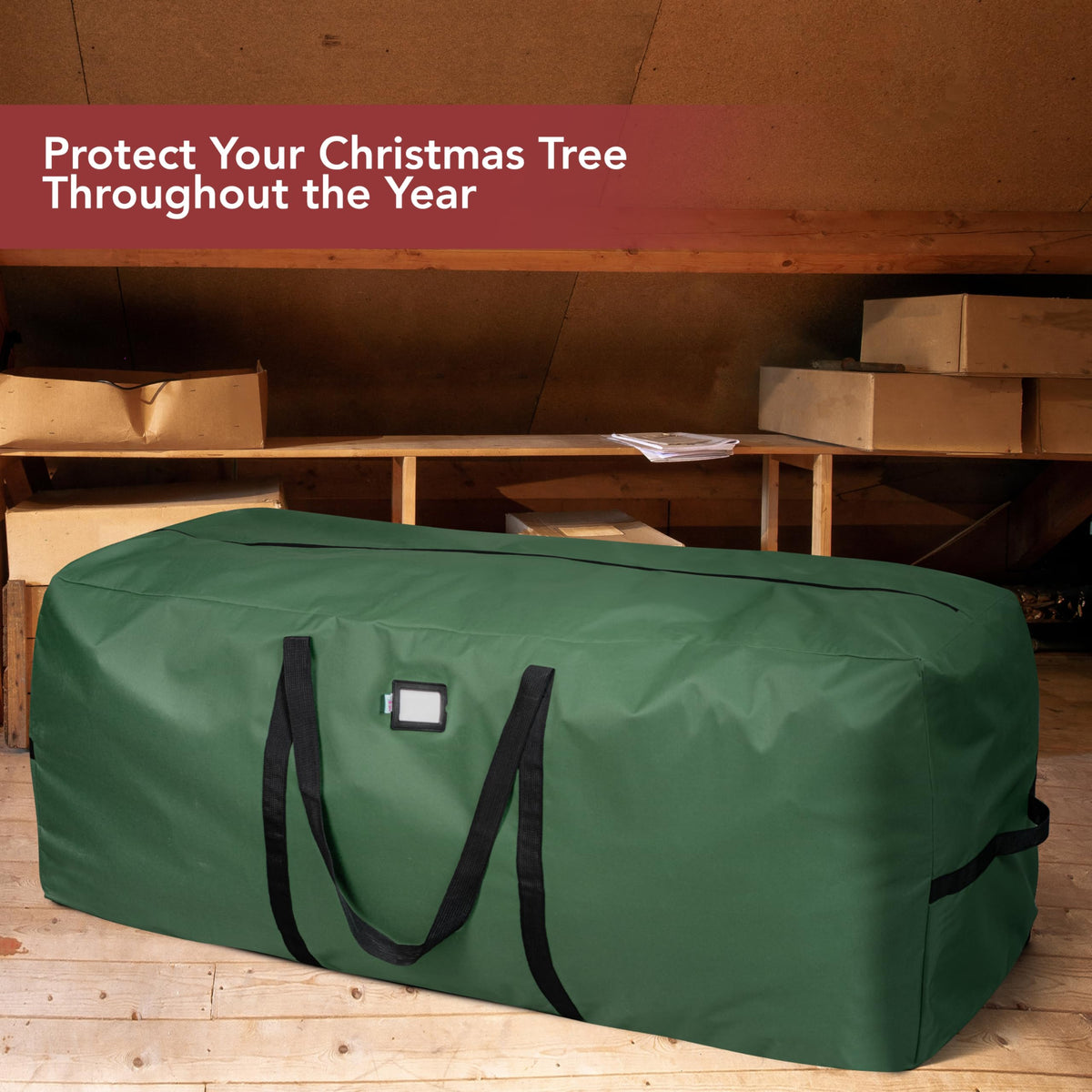 Holiday Cheer elegant green bag complements holiday décor when stored.