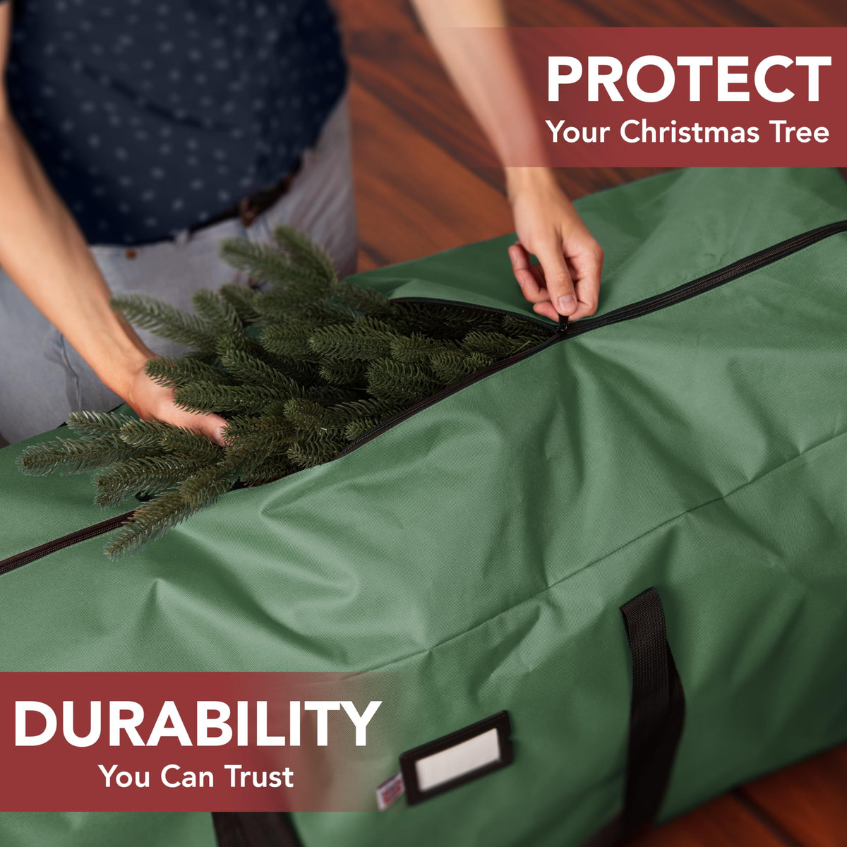 Holiday Cheer bag highlights waterproof material protecting decorations.