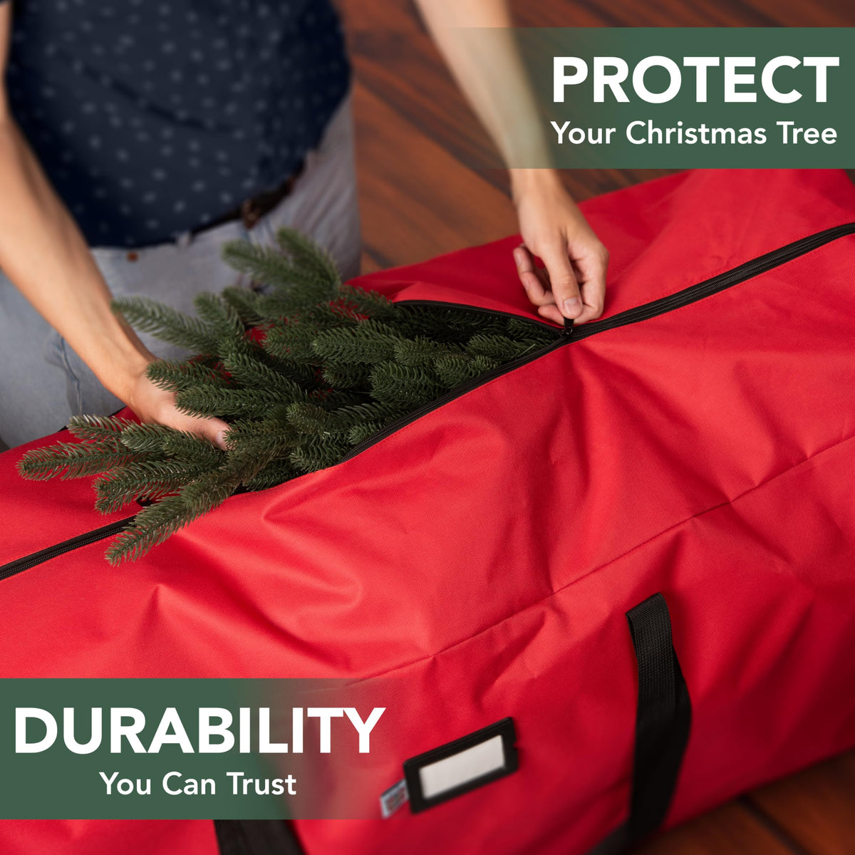 Holiday Cheer waterproof storage bag protects decorations from moisture in basements or garages.