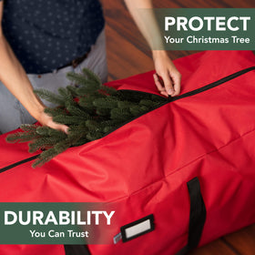 Holiday Cheer waterproof storage bag protects decorations from moisture in basements or garages.