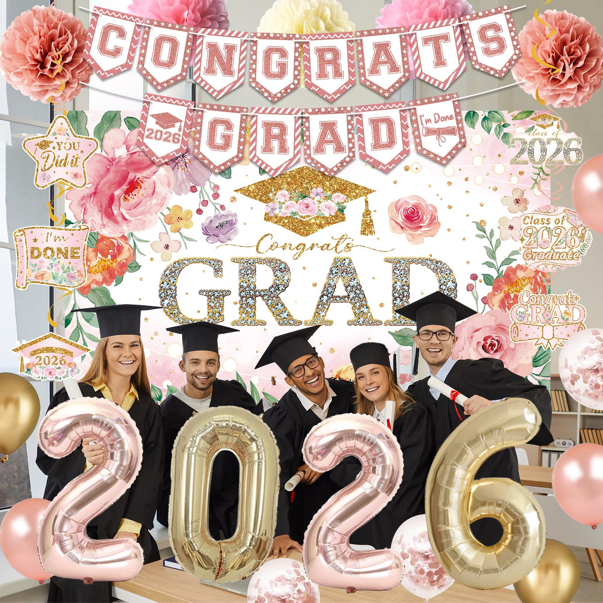 Holkcog 2026 rose-gold balloons enhance celebratory photos