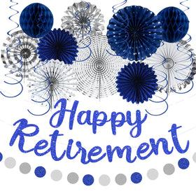 Holkcog blue retirement banner 40x6.5in adds a bold focal point to office party decor.
