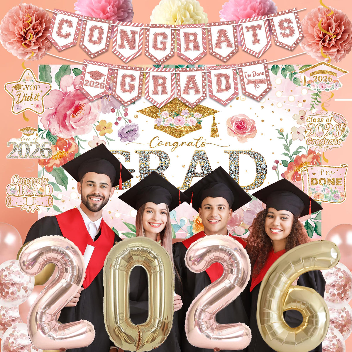 Holkcog Congrats Grad banner in pink and rose gold
