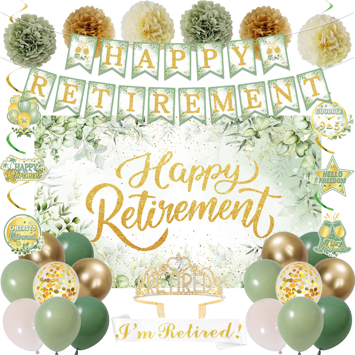 Holkcog green gold happy retirement banner enhances party branding and photo moments.