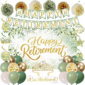 Holkcog green gold happy retirement banner enhances party branding and photo moments.