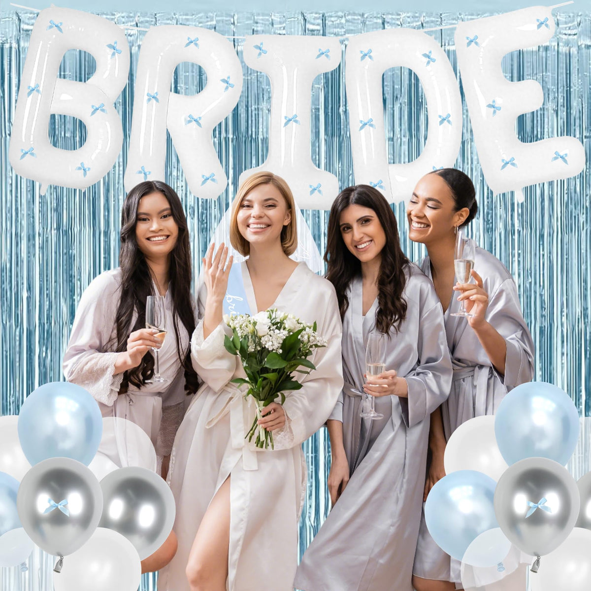 Holkcog light blue sash accents the bride-to-be look for photos.