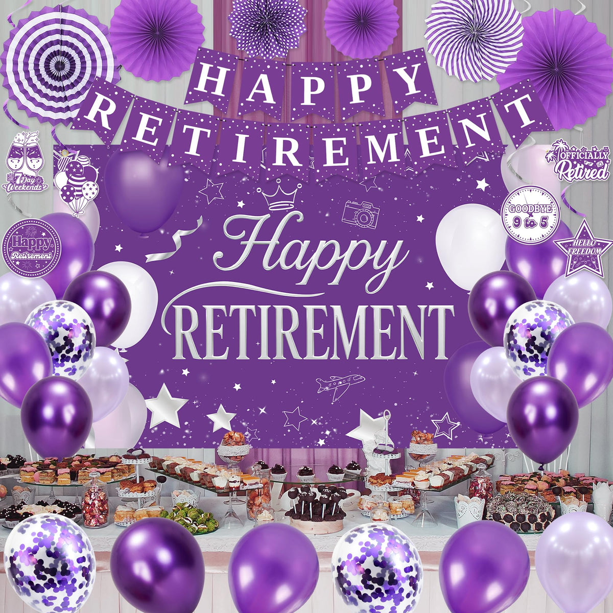 Holkcog retirement party scene featuring banners and decor.
