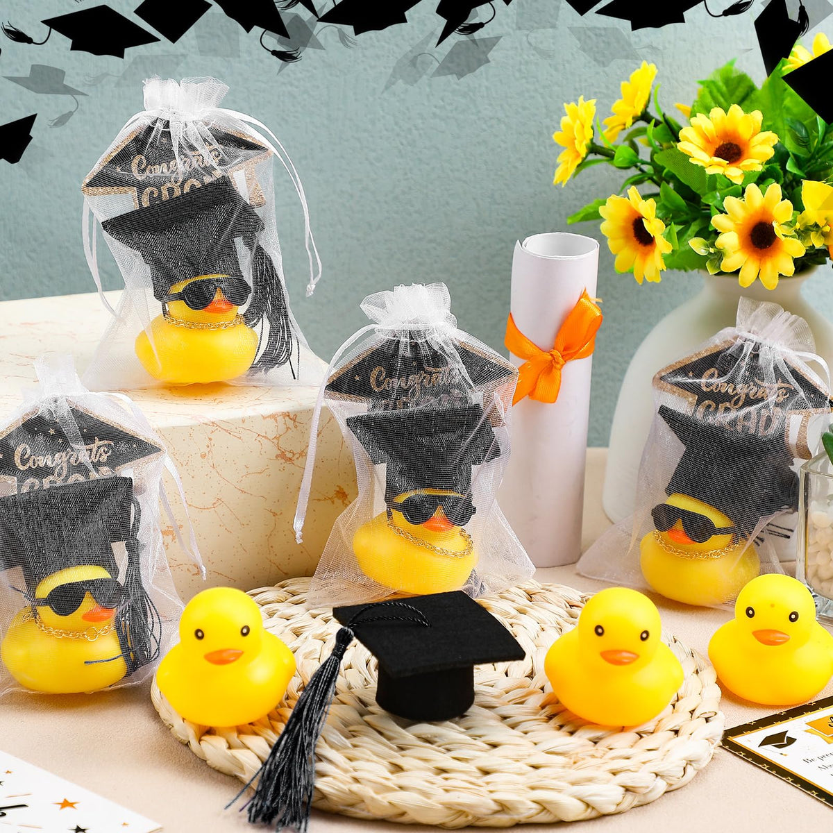 Hollowfly gold necklaces add celebratory shimmer to each graduation duck
