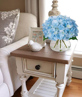 Hollyone blue hydrangea arrangement ideal for living room spaces.