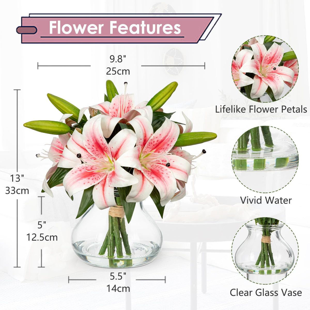 Hollyone faux-water in vase adds realism and ambiance for any room