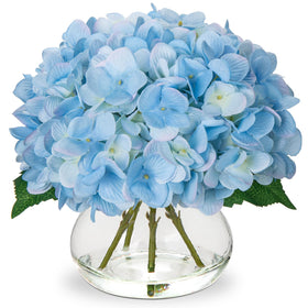 Hollyone hydrangea artificial flowers in blue vase for elegant home decor.