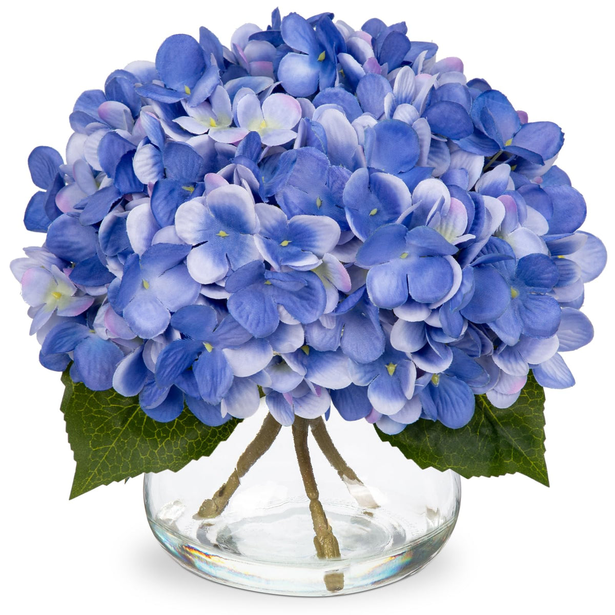 Hollyone Hydrangea artificial flowers with glass vase in slate blue for elegant home decor