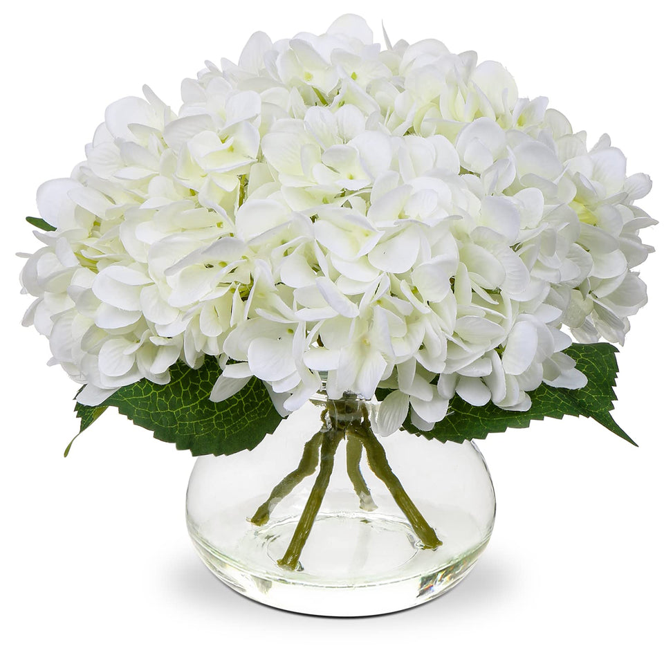 Hollyone Hydrangea close-up in a glass vase with faux water enhances decor.