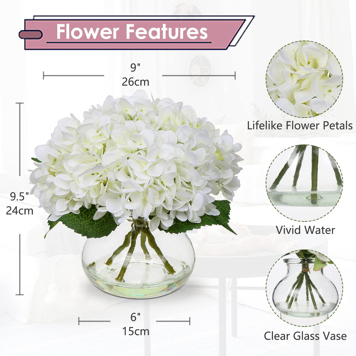 Hollyone Hydrangea vase with faux water showcases lifelike blooms.