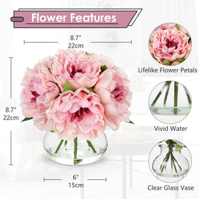 Hollyone peony artificial flowers with faux water in glass vase for lasting beauty.