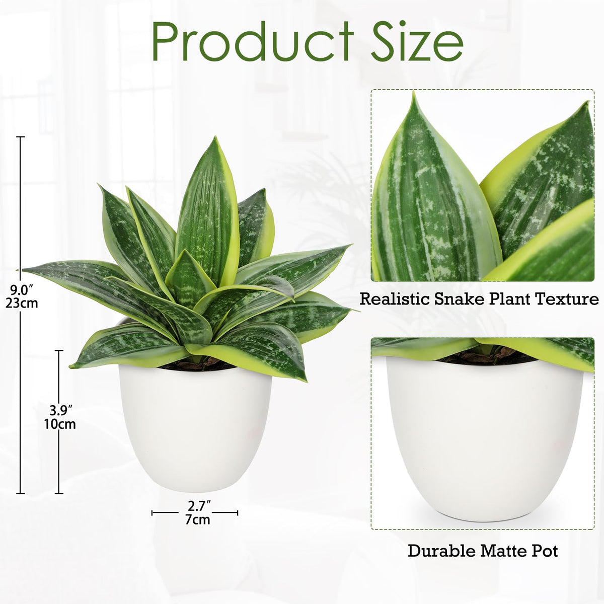 Hollyone artificial snake plant in white pot with upright arc for office decor.