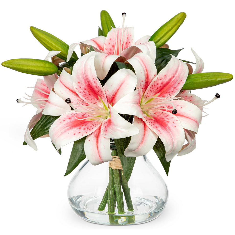 Hollyone tiger lily real-touch with glass vase for elegant home decor