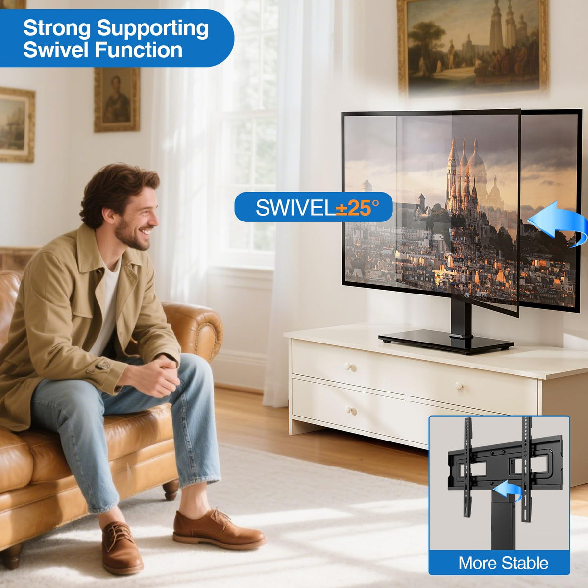 HOLMAXD height-adjustable tilt-swivel stand allows precise screen positioning.
