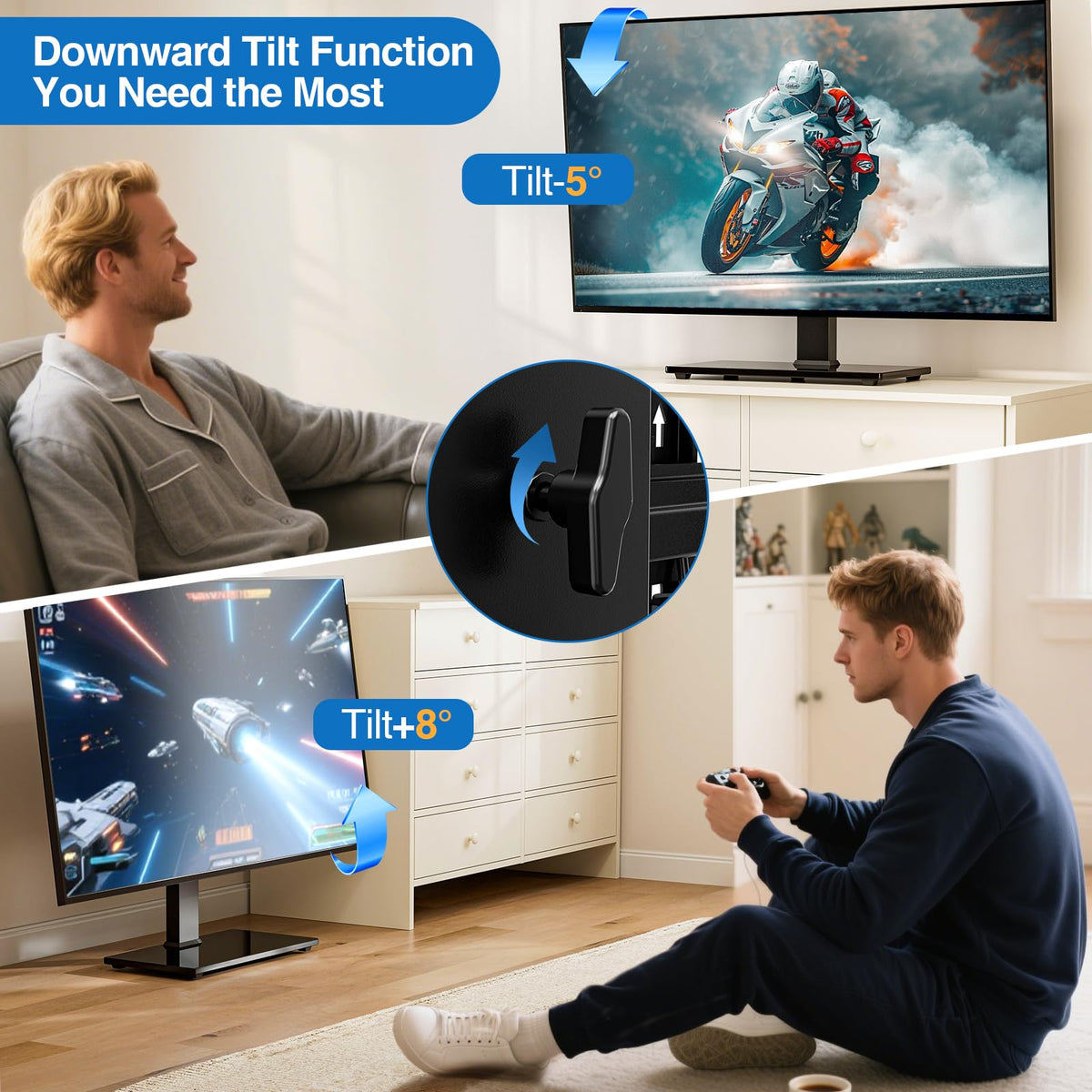 HOLMAXD tempered-glass base provides sturdy support for large televisions.