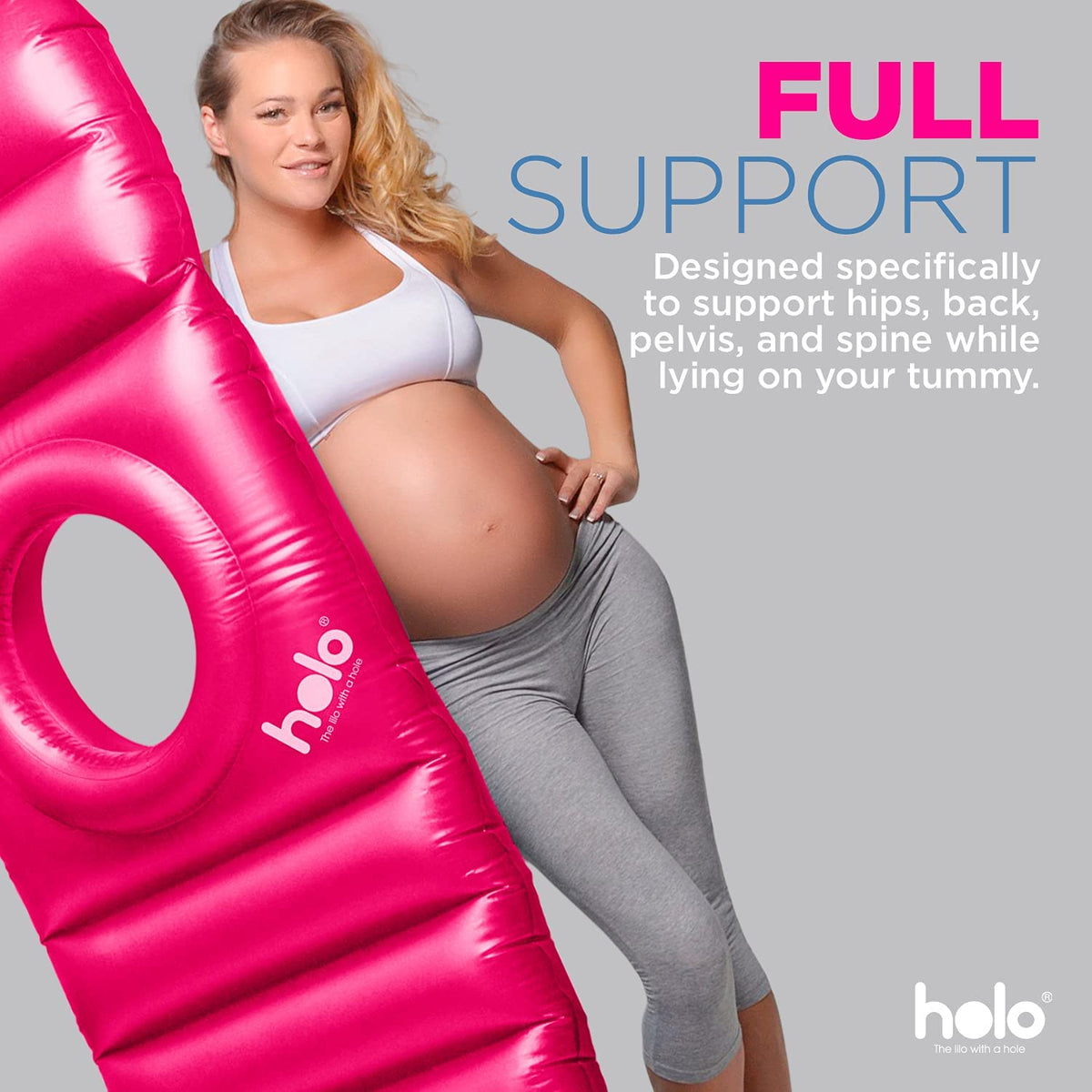 HOLO pregnancy pillow on land for comfortable tummy sleeping and relaxation.