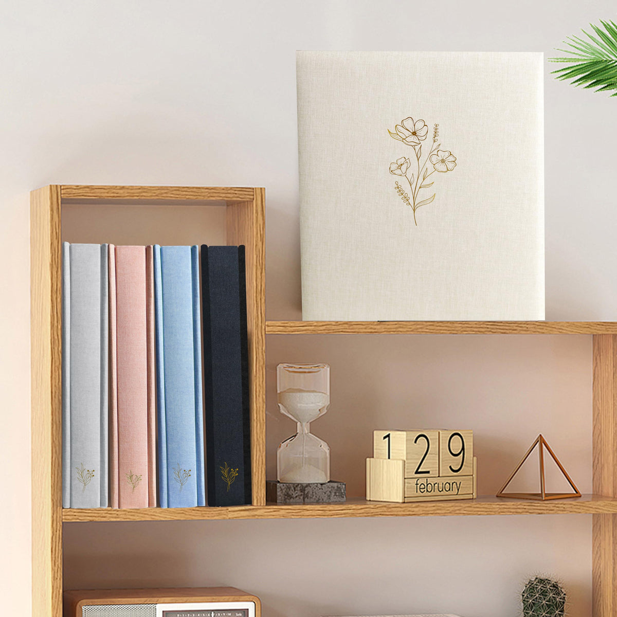 Beige linen cover texture enhances tactile feel and display appeal.
