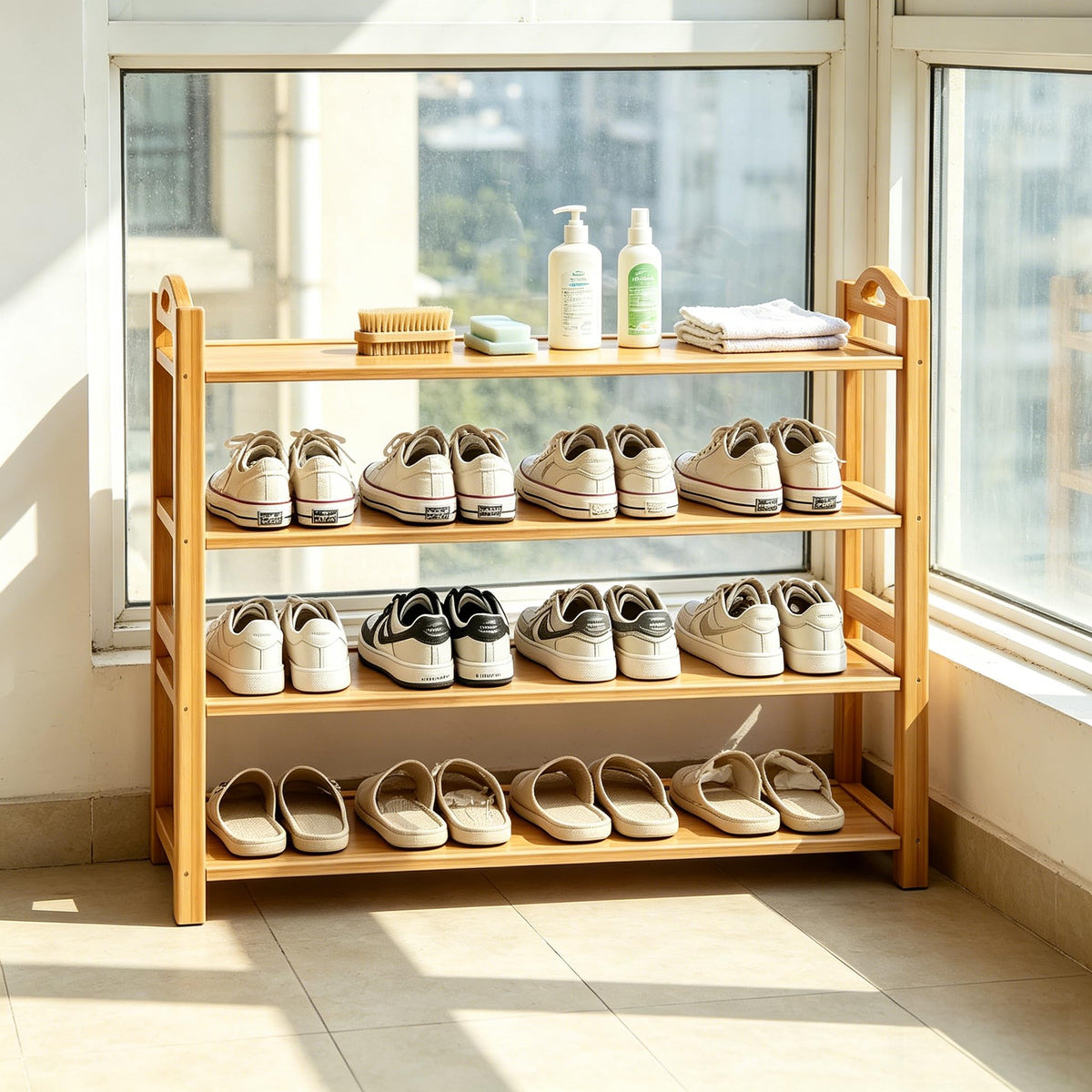 Full-capacity HOLTPHILI rack holding 16–18 pairs of shoes in a tidy row