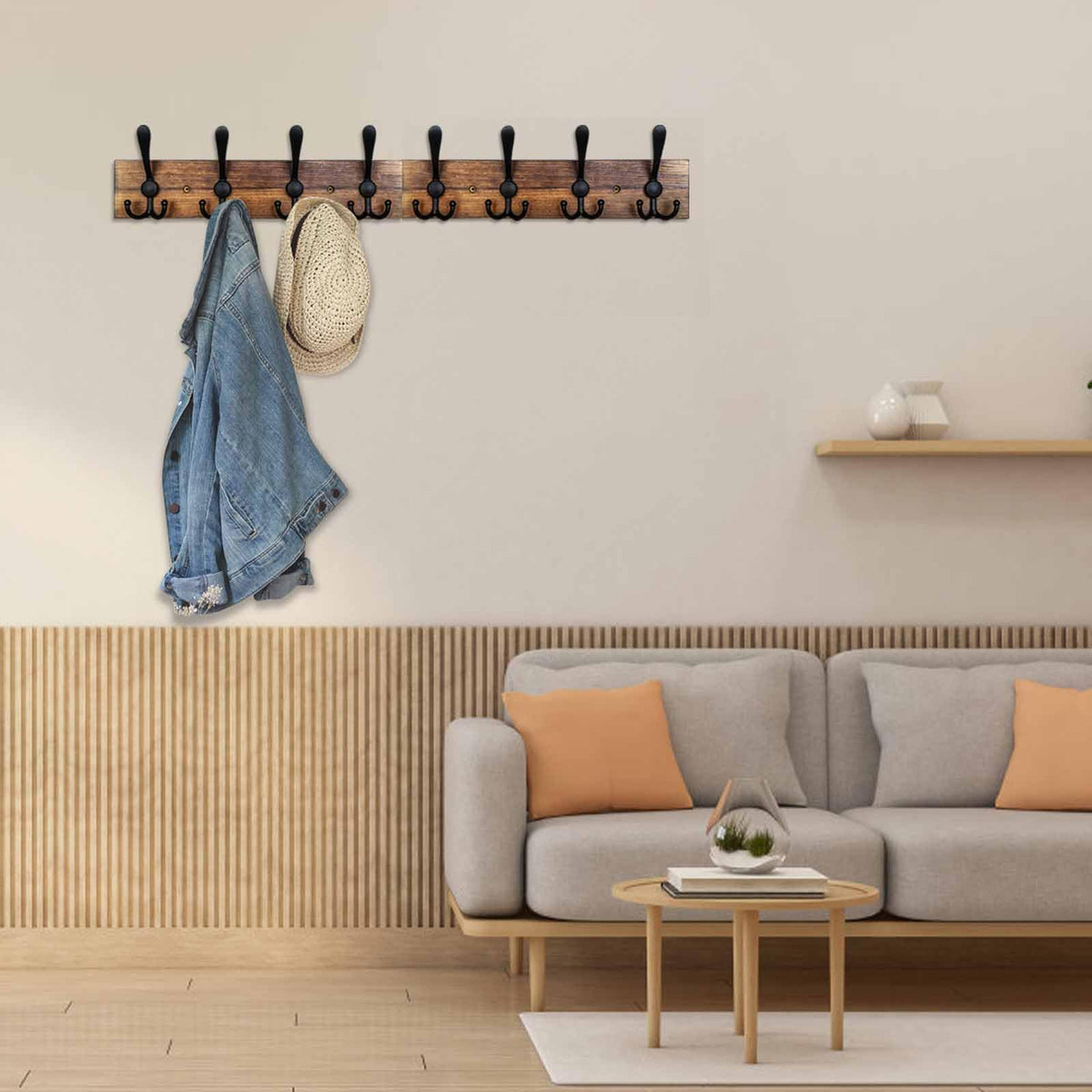 Homagic eight-hook system organizes coats, bags, and accessories.