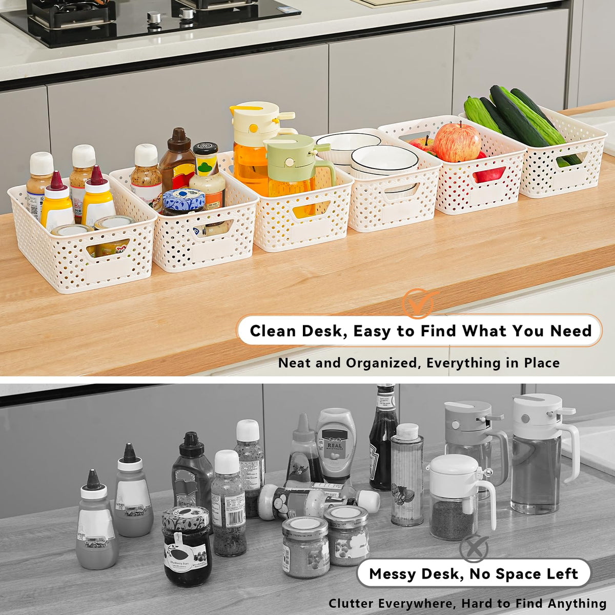 Homaigie baskets with writable label sheet for quick categorization.