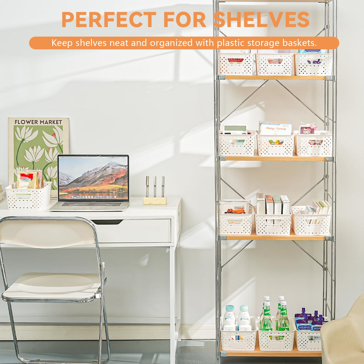 Homaigie baskets on shelves optimize space in small rooms.