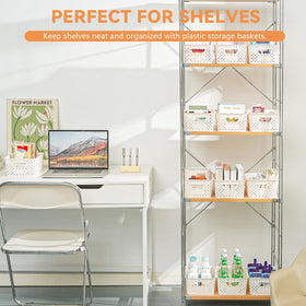 Homaigie baskets on shelves optimize space in small rooms.