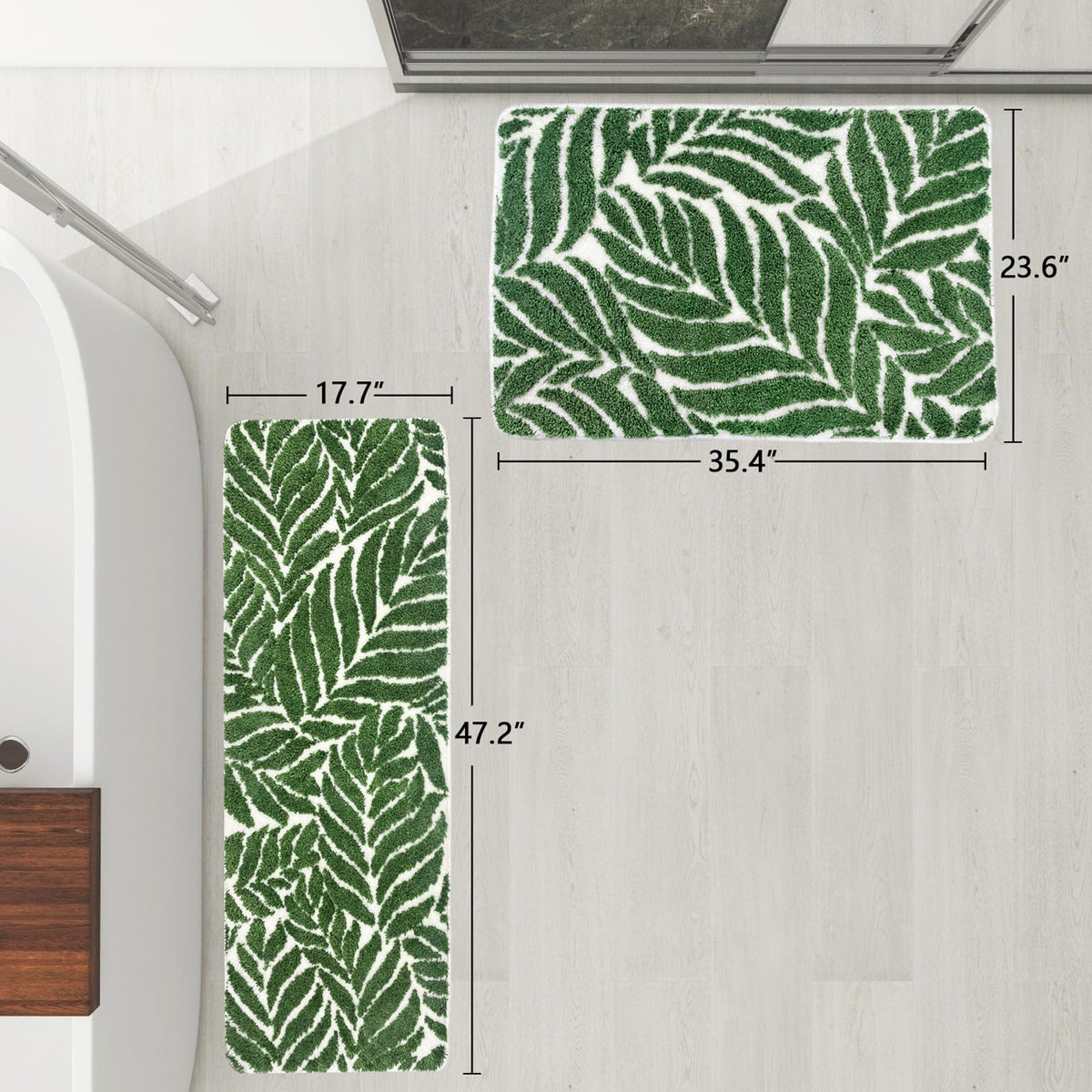 Homantic green bathroom runner adds fresh color to the space.