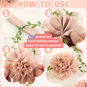 Homarkable pink tissue pom-pom garland draped over table creates soft backdrop for photos