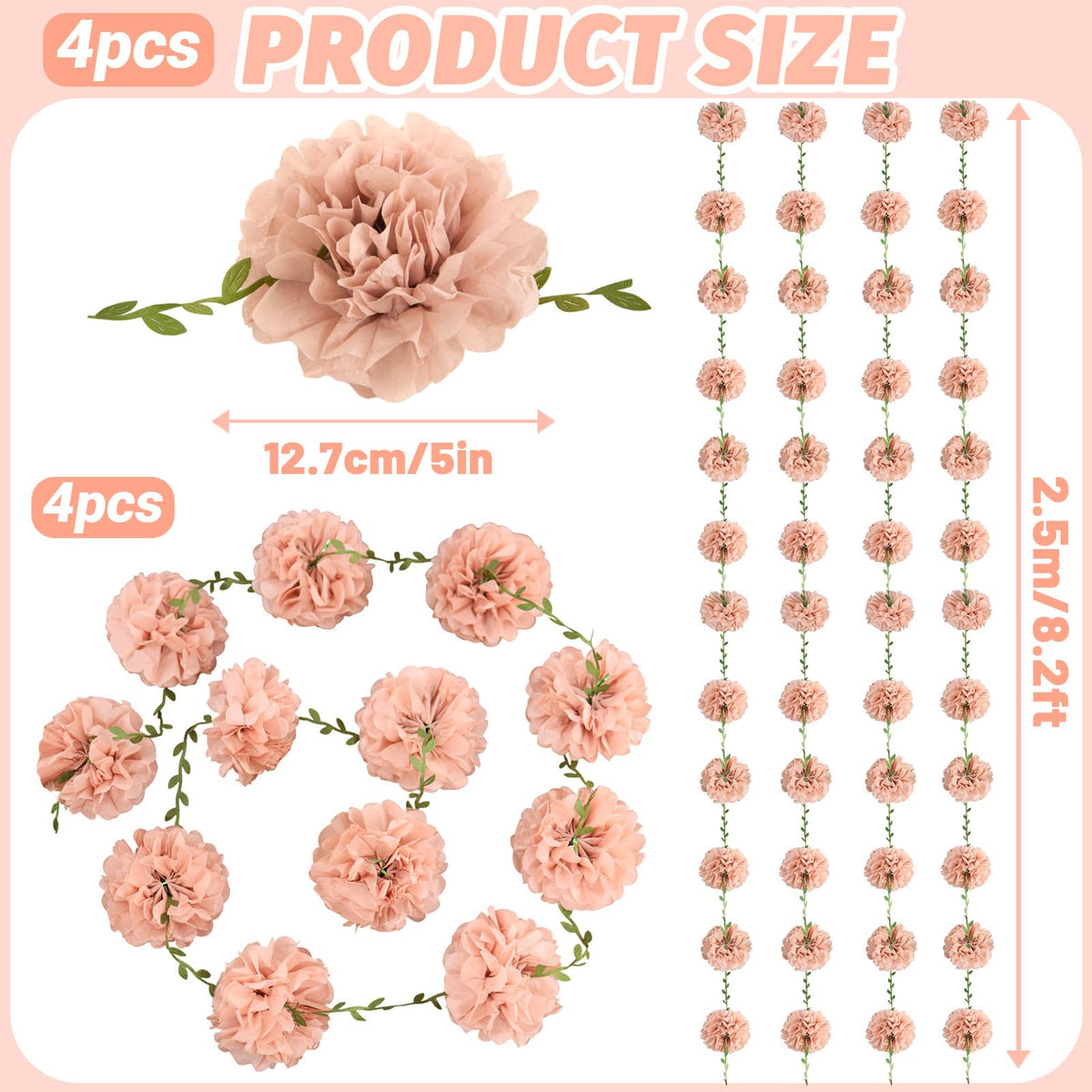 Homarkable pink tissue pom-pom garland with leafy accents enhances garden party ambience