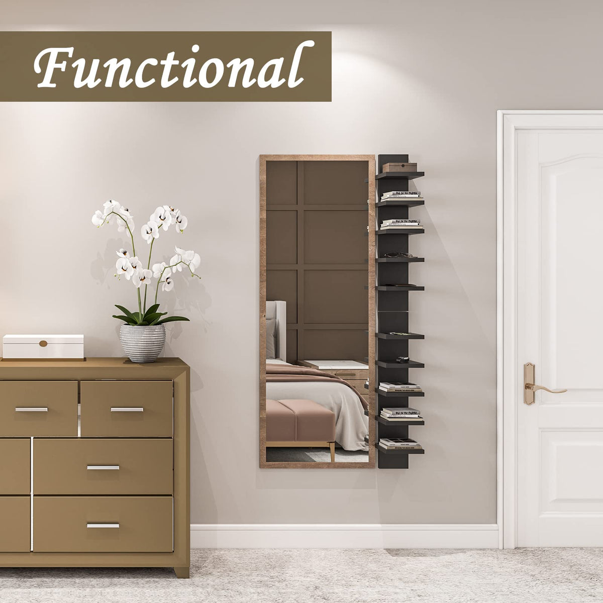 Homaterial shelves in office hold books and stationery with clean presentation.