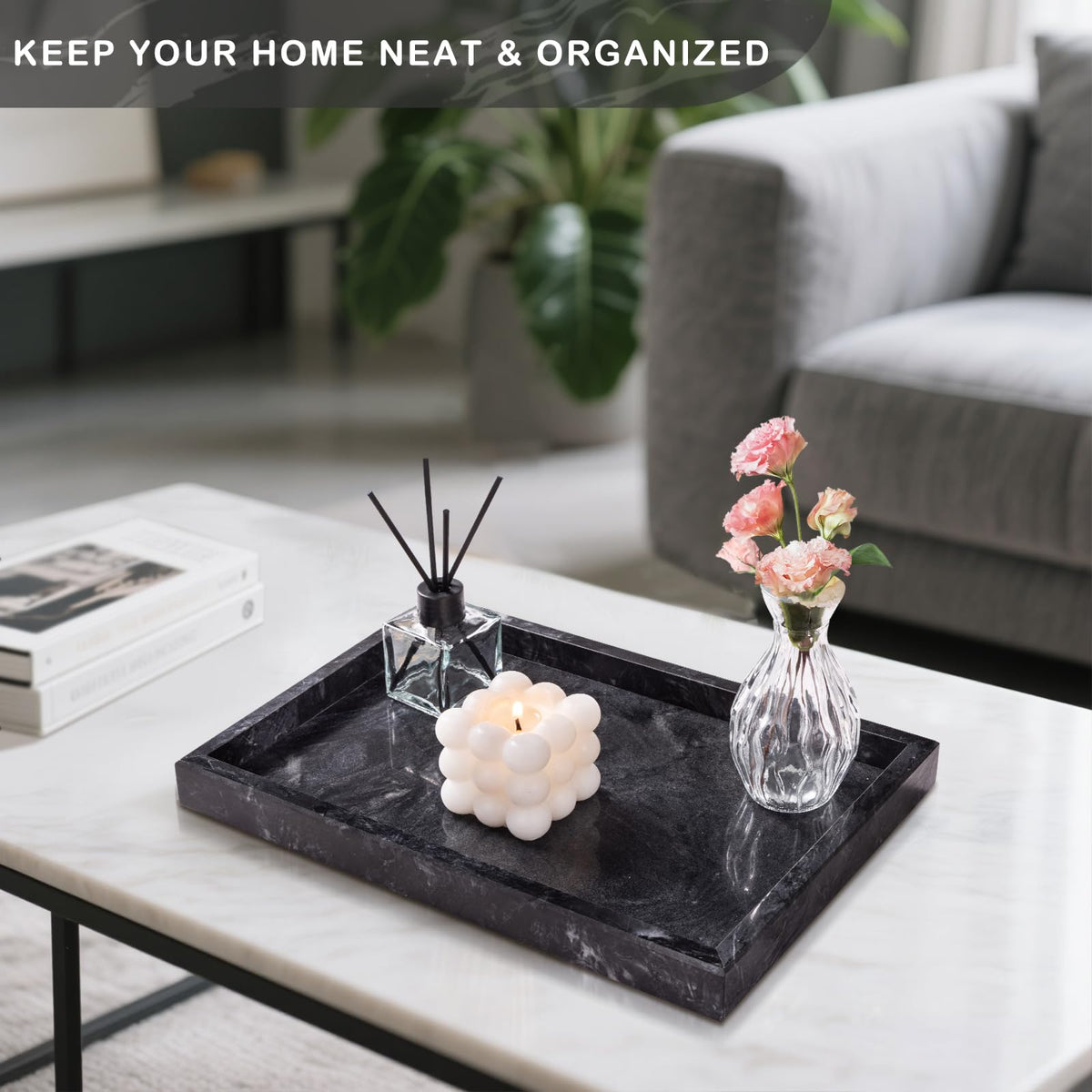 Homaura tray complements dressers, vanities, coffee tables, and entryways.
