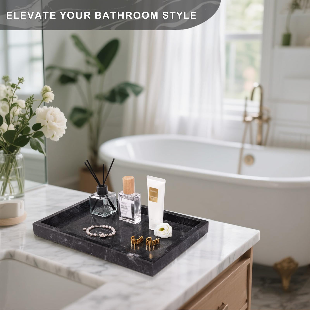 Homaura marble tray displays candles and decor with timeless stone elegance.