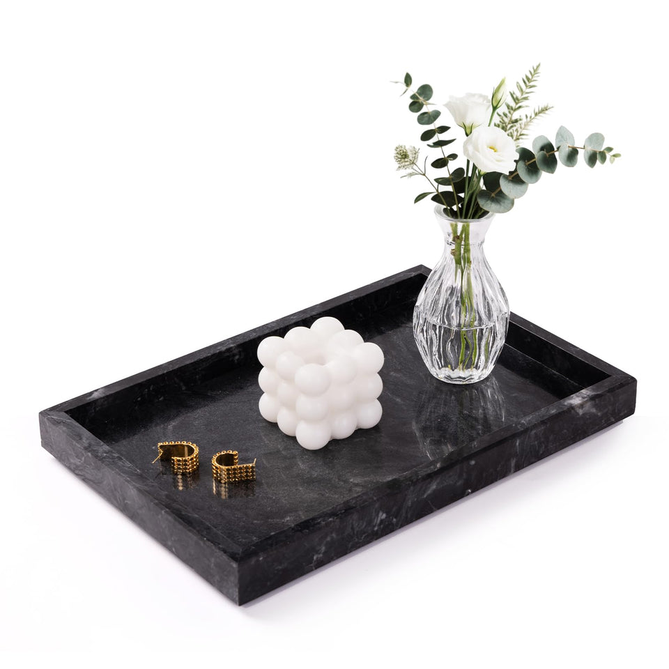 Homaura marble tray rectangle design, organizes essentials on countertops.
