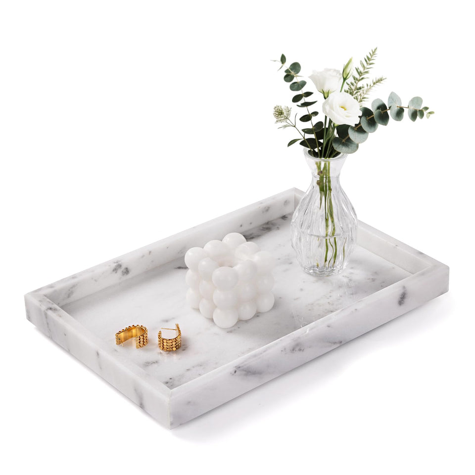 Homaura Starry White marble tray on countertop for jewelry and perfume organization.