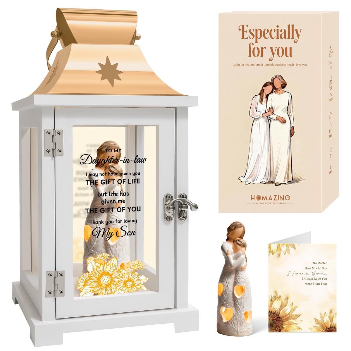 Homazing daughter-in-law lantern embracing figure showcases enduring family bond.