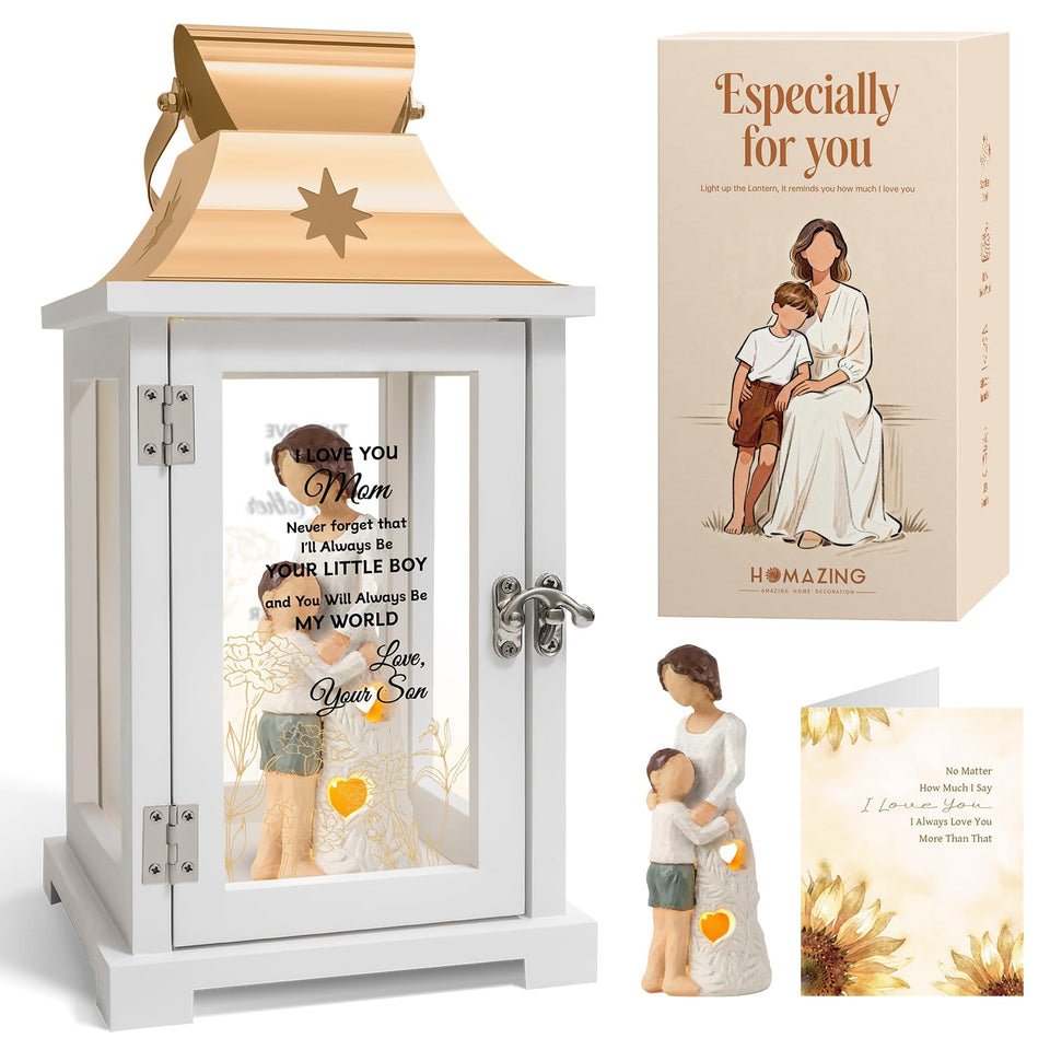 Homazing Mother and Son Figurine Lantern front view for warm shelf display