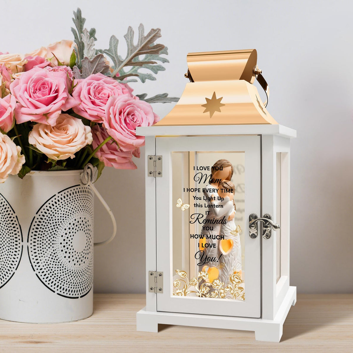 Homazing rose-gold top and tempered glass lantern blends modern style with sentiment.