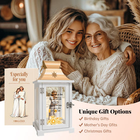 Homazing lantern features rose-gold top and wood frame for elegant gifting.