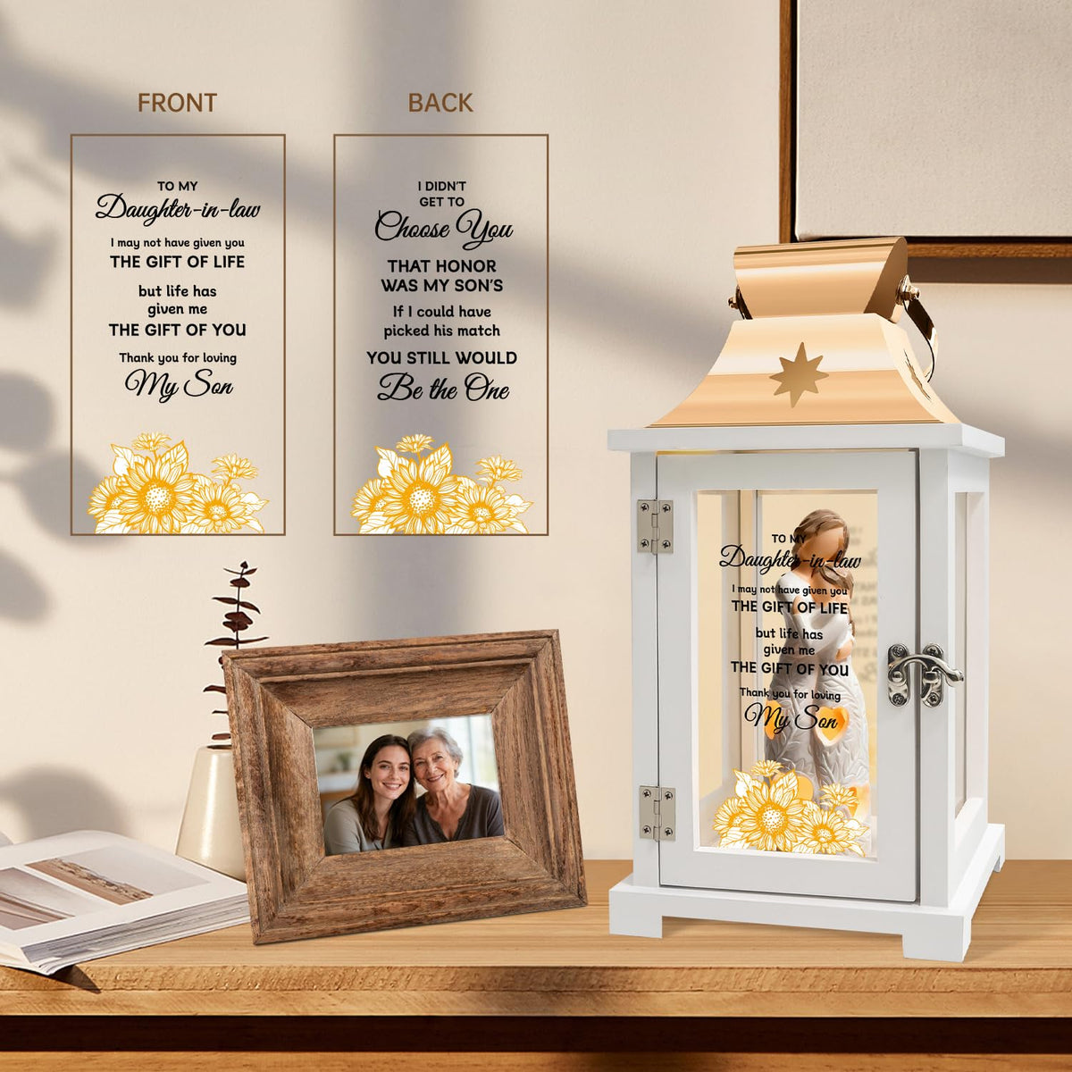 Homazing lantern displays two sides with sentimental sayings for loved ones.