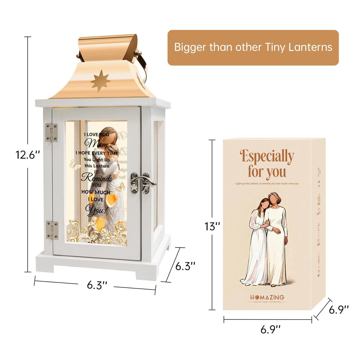 Homazing white-gold top wood-frame lantern provides stylish display in any room.