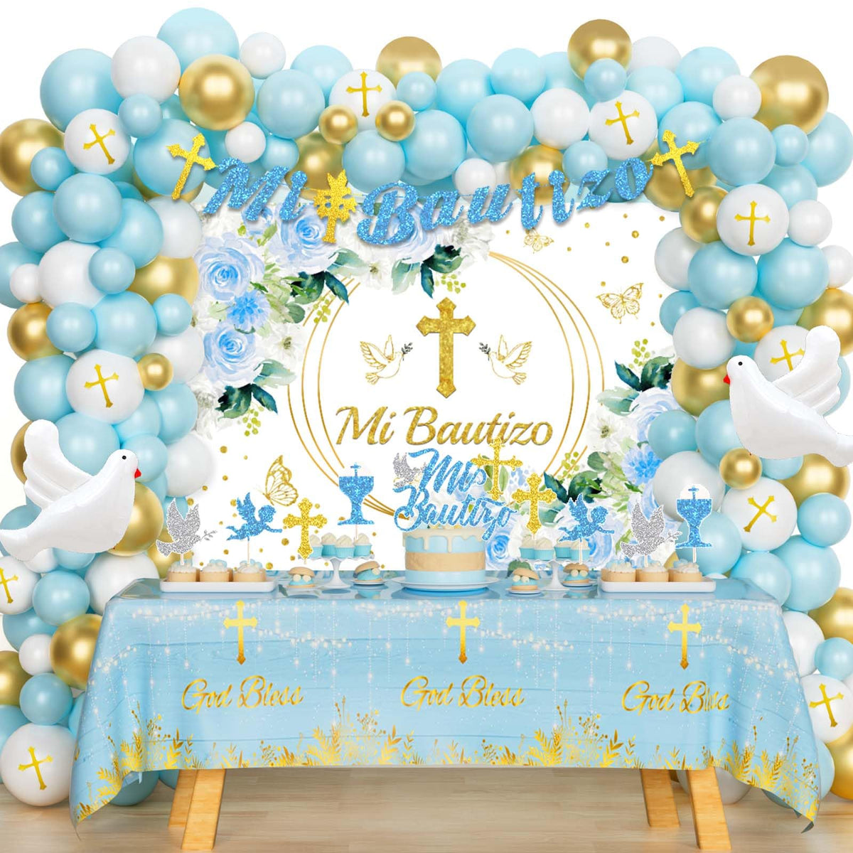 Hombae Mi Bautizo blue backdrop for a boy's baptism, ideal photo backdrop.