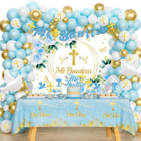 Hombae Mi Bautizo blue backdrop for a boy's baptism, ideal photo backdrop.