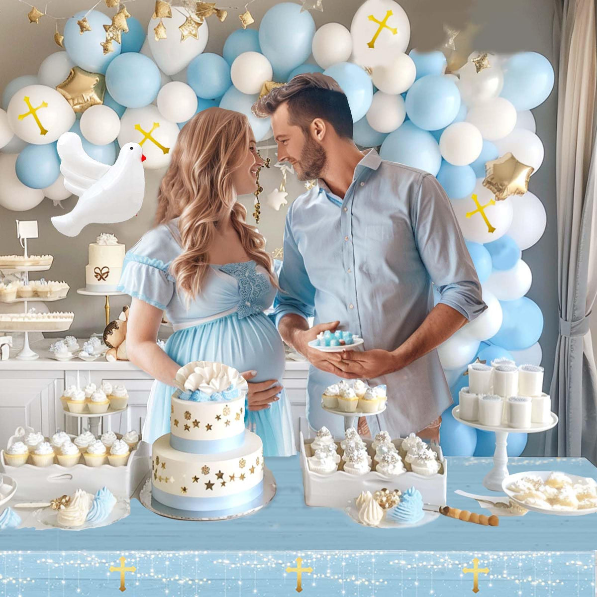 Hombae Mi Bautizo cake topper as centerpiece finishing touch.